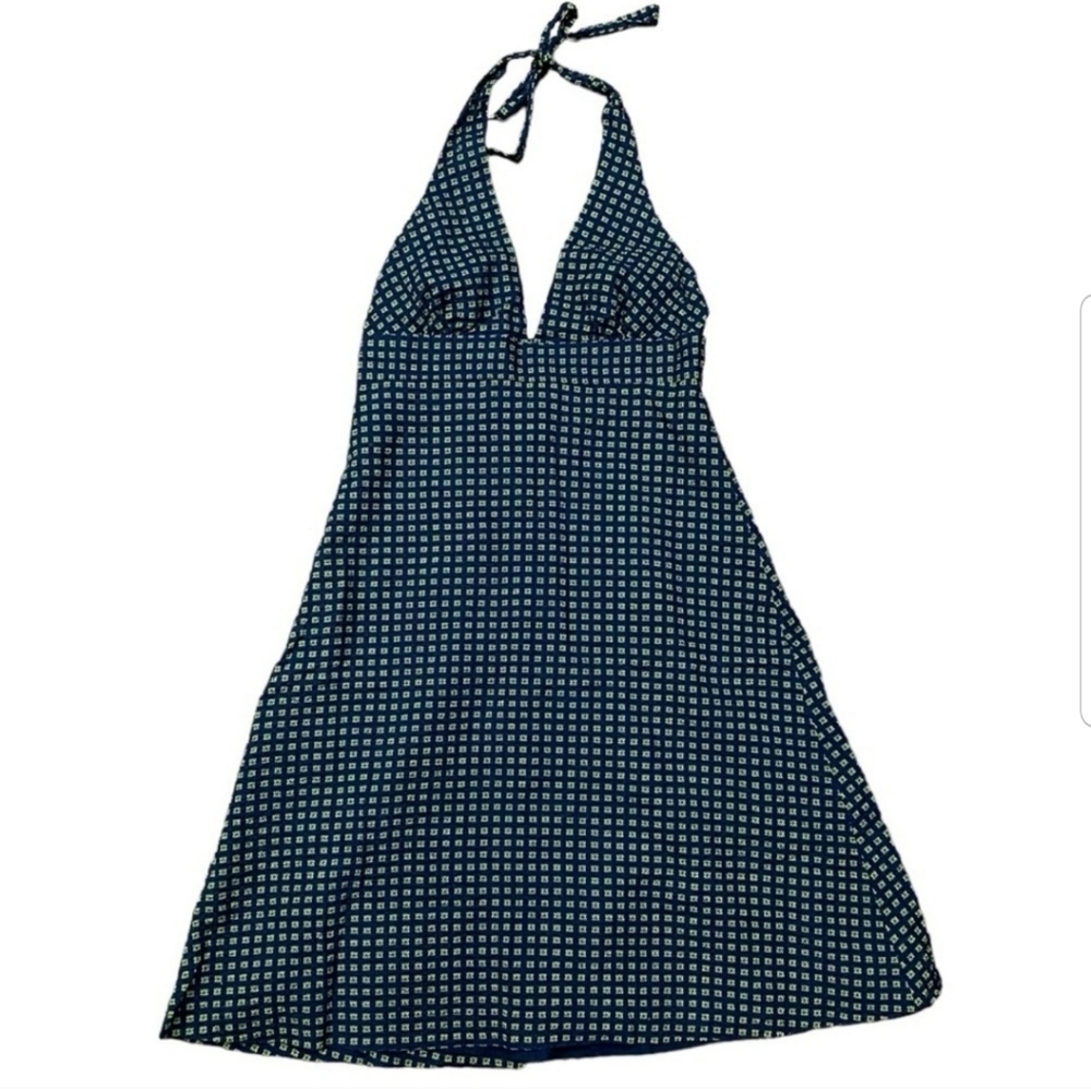 J. Crew Womens Cotton Tie Neck Green Blue Print  Summer Dress Size 14